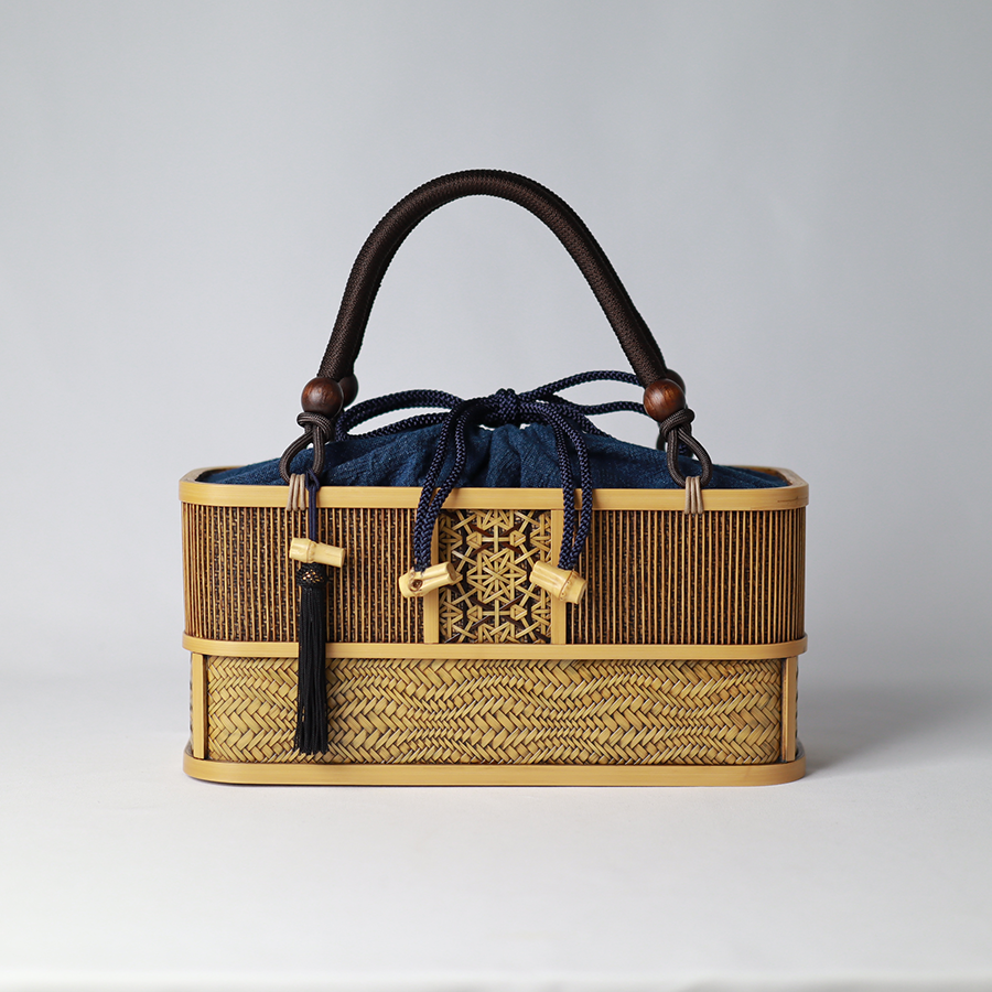 竹千筋　手提げ長角波網代　藍染袋