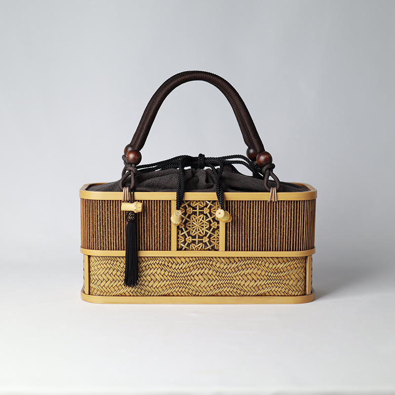 駿河竹千筋細工　手提げ 長角波網代（漆）お茶染め袋